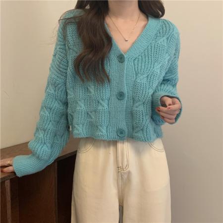 FA51455# 新款韩版宽松温柔风气质V领麻花镂空针织毛衣外穿女 服裝批發女裝批發服飾貨源