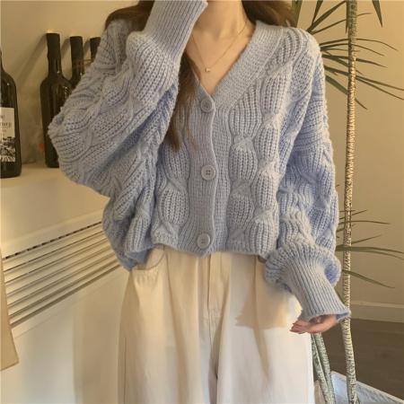 FA51455# 新款韩版宽松温柔风气质V领麻花镂空针织毛衣外穿女 服裝批發女裝批發服飾貨源
