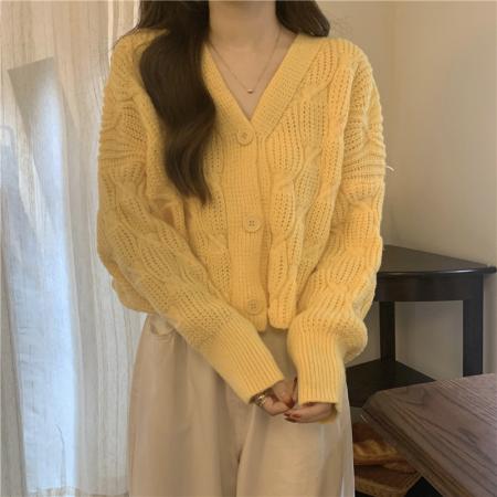 FA51455# 新款韩版宽松温柔风气质V领麻花镂空针织毛衣外穿女 服裝批發女裝批發服飾貨源