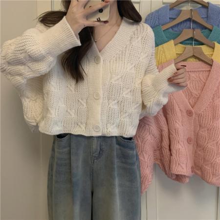 FA51455# 新款韩版宽松温柔风气质V领麻花镂空针织毛衣外穿女 服裝批發女裝批發服飾貨源