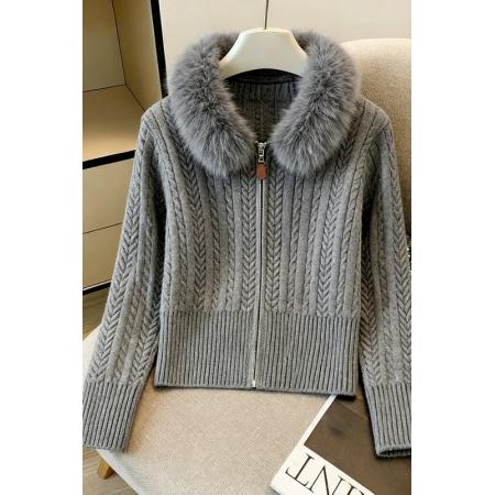 FA51456# 大毛领连帽针织衫上衣女秋冬慵懒风百搭长袖修身麻花开衫外套 服裝批發女裝批發服飾貨源