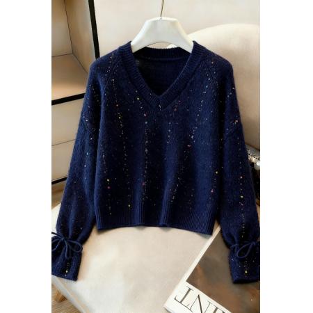 FA51457# 喇叭袖复古v领套头长袖宽松外穿毛衣女慵懒风高级感针织上衣 服裝批發女裝批發服飾貨源