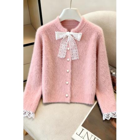 FA51458# 仿貂绒蕾丝蝴蝶结拼接毛衣秋冬新款高级感宽松超柔软短款上衣 服裝批發女裝批發服飾貨源