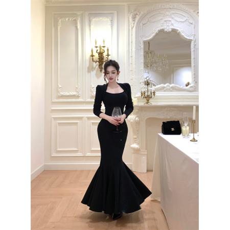 FA51459# 步步生莲方领显瘦百搭包臀鱼尾裙气质长裙 服裝批發女裝批發服飾貨源