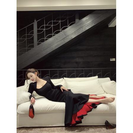 FA51459# 步步生莲方领显瘦百搭包臀鱼尾裙气质长裙 服裝批發女裝批發服飾貨源