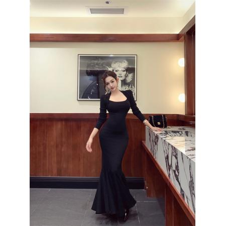 FA51459# 步步生莲方领显瘦百搭包臀鱼尾裙气质长裙 服裝批發女裝批發服飾貨源