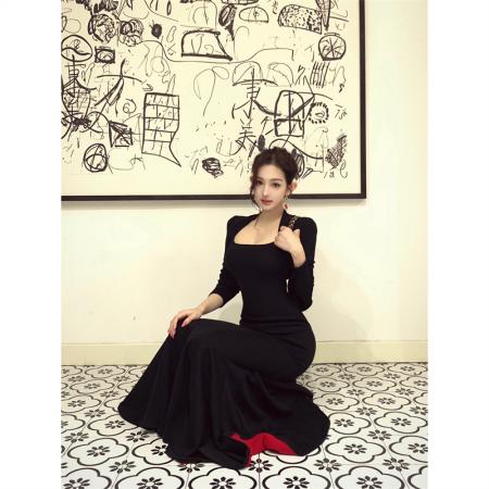 FA51459# 步步生莲方领显瘦百搭包臀鱼尾裙气质长裙 服裝批發女裝批發服飾貨源