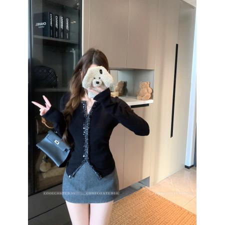 FA51464# 高级感小香风重工V领镶钻长袖T恤女新款修身显瘦内搭上衣 服裝批發女裝批發服飾貨源