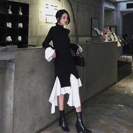 FA51465# 春秋新款韩版拼接不规则复古修身长裙显瘦显高气质针织连衣裙 服裝批發女裝批發服飾貨源