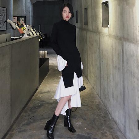 FA51465# 春秋新款韩版拼接不规则复古修身长裙显瘦显高气质针织连衣裙 服裝批發女裝批發服飾貨源