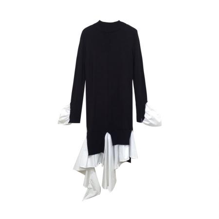 FA51465# 春秋新款韩版拼接不规则复古修身长裙显瘦显高气质针织连衣裙 服裝批發女裝批發服飾貨源