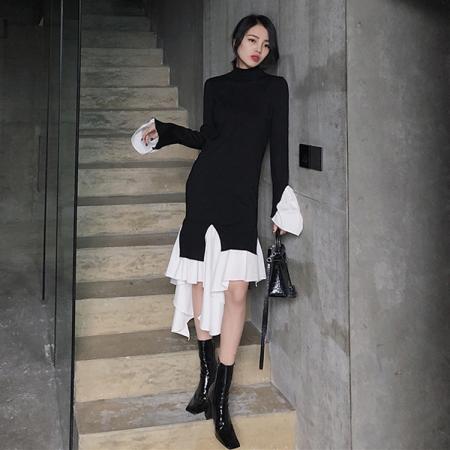 FA51465# 春秋新款韩版拼接不规则复古修身长裙显瘦显高气质针织连衣裙 服裝批發女裝批發服飾貨源