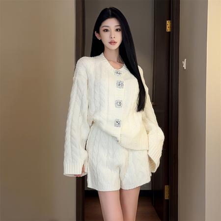 FA51466# 西柚慵懒休闲宽松套装麻花针织开衫直筒短裤 服裝批發女裝批發服飾貨源