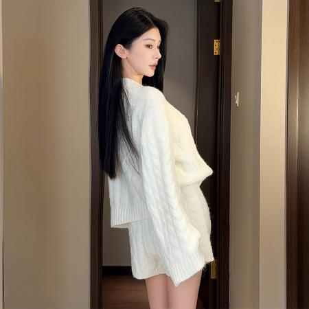 FA51466# 西柚慵懒休闲宽松套装麻花针织开衫直筒短裤 服裝批發女裝批發服飾貨源