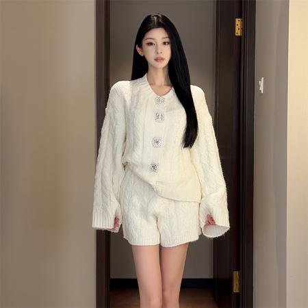 FA51466# 西柚慵懒休闲宽松套装麻花针织开衫直筒短裤 服裝批發女裝批發服飾貨源