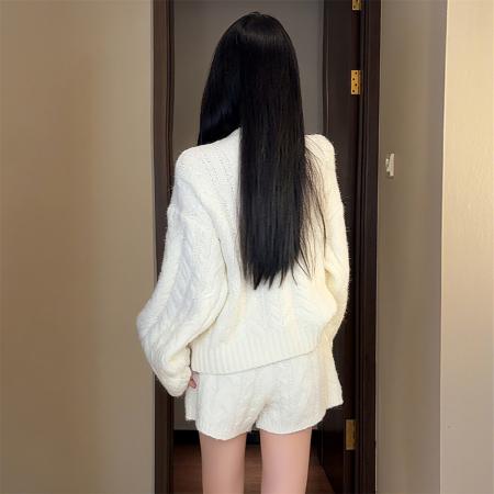 FA51466# 西柚慵懒休闲宽松套装麻花针织开衫直筒短裤 服裝批發女裝批發服飾貨源