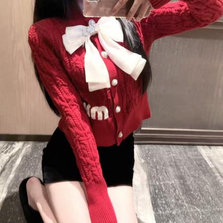 FA51467# 千金名媛蝴蝶结甜美麻花长袖针织开衫女小个子毛衣LXYG秋冬 服裝批發女裝批發服飾貨源