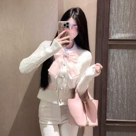 FA51467# 千金名媛蝴蝶结甜美麻花长袖针织开衫女小个子毛衣LXYG秋冬 服裝批發女裝批發服飾貨源