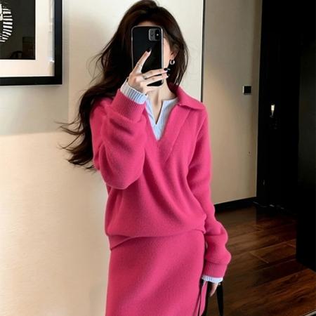 FA51468# 韩系chic独特超好看设计感高级感玫红色针织衫短裙两件套装女冬季 服裝批發女裝批發服飾貨源