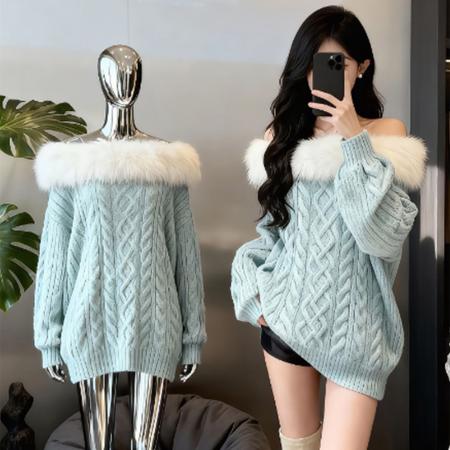 FA51469# 慵懒风一字肩气质毛毛领针织上衣女装秋冬新款加厚巨好看毛衣 服裝批發女裝批發服飾貨源