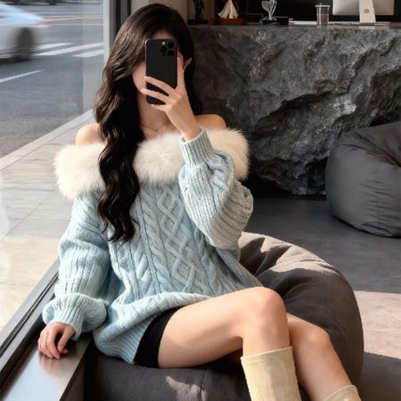 FA51469# 慵懒风一字肩气质毛毛领针织上衣女装秋冬新款加厚巨好看毛衣 服裝批發女裝批發服飾貨源