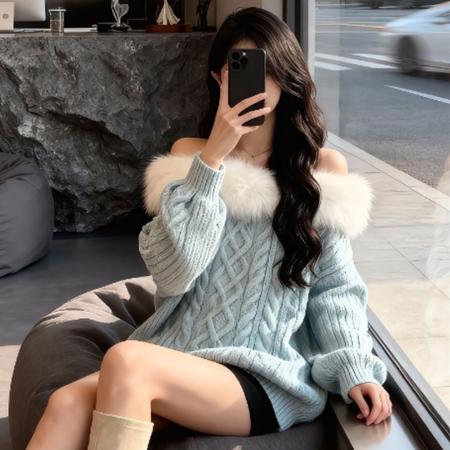 FA51469# 慵懒风一字肩气质毛毛领针织上衣女装秋冬新款加厚巨好看毛衣 服裝批發女裝批發服飾貨源