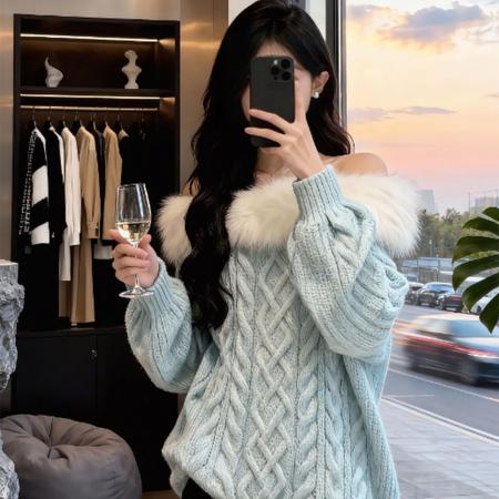 FA51469# 慵懒风一字肩气质毛毛领针织上衣女装秋冬新款加厚巨好看毛衣 服裝批發女裝批發服飾貨源