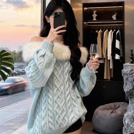 FA51469# 慵懒风一字肩气质毛毛领针织上衣女装秋冬新款加厚巨好看毛衣 服裝批發女裝批發服飾貨源