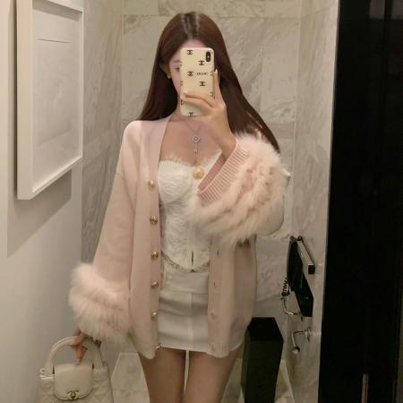 FA51470# 法式轻奢狐狸毛V领中长款针织开衫女秋冬显瘦气质白色毛衣外套 服裝批發女裝批發服飾貨源