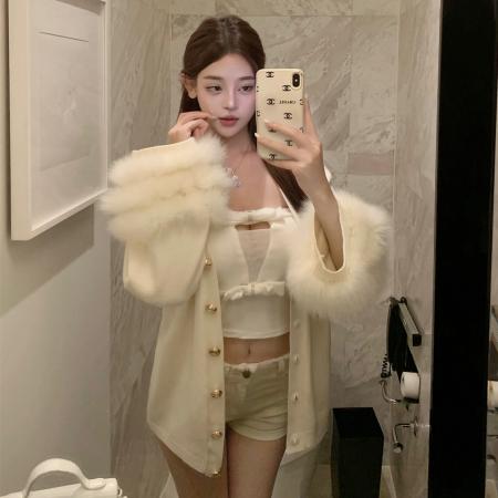 FA51470# 法式轻奢狐狸毛V领中长款针织开衫女秋冬显瘦气质白色毛衣外套 服裝批發女裝批發服飾貨源