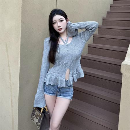 FA51471# 灰色挂脖针织衫女秋冬新款设计感修身内搭荷叶边长袖上衣 服裝批發女裝批發服飾貨源