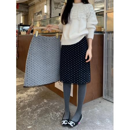FA51473# 韩系复古蕾丝边高腰波点磨毛半身裙百搭毛呢中长裙 服裝批發女裝批發服飾貨源