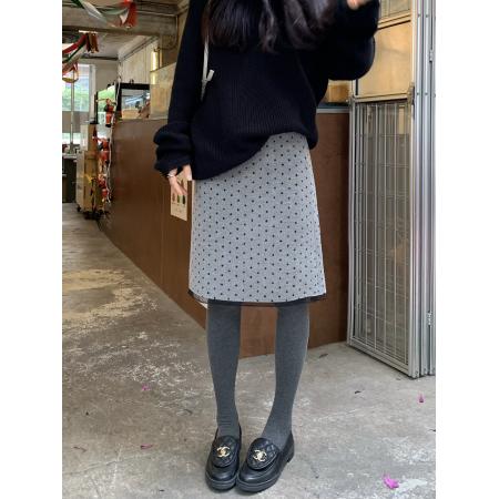 FA51473# 韩系复古蕾丝边高腰波点磨毛半身裙百搭毛呢中长裙 服裝批發女裝批發服飾貨源