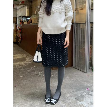 FA51473# 韩系复古蕾丝边高腰波点磨毛半身裙百搭毛呢中长裙 服裝批發女裝批發服飾貨源