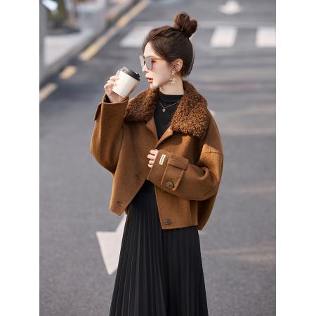 FA51474# 复古翻领呢子外套女秋冬新款高级感时尚小个子气质毛呢夹棉 服裝批發女裝批發服飾貨源