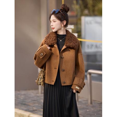 FA51474# 复古翻领呢子外套女秋冬新款高级感时尚小个子气质毛呢夹棉 服裝批發女裝批發服飾貨源