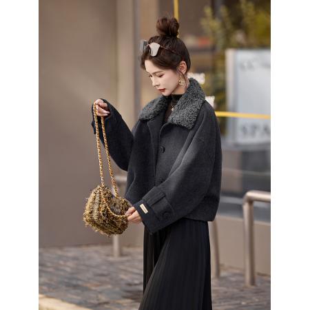 FA51474# 复古翻领呢子外套女秋冬新款高级感时尚小个子气质毛呢夹棉 服裝批發女裝批發服飾貨源