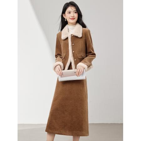 FA51475# 两件套灯芯绒加绒加厚毛领棉服时尚女秋冬新款外套半裙套装 服裝批發女裝批發服飾貨源
