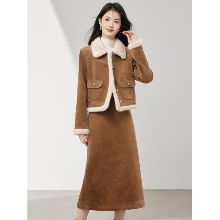 FA51475# 两件套灯芯绒加绒加厚毛领棉服时尚女秋冬新款外套半裙套装 服裝批發女裝批發服飾貨源