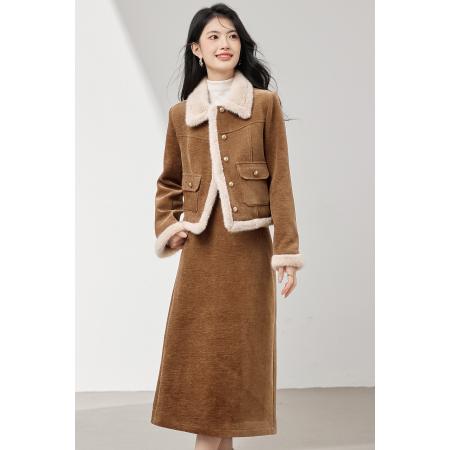 FA51475# 两件套灯芯绒加绒加厚毛领棉服时尚女秋冬新款外套半裙套装 服裝批發女裝批發服飾貨源