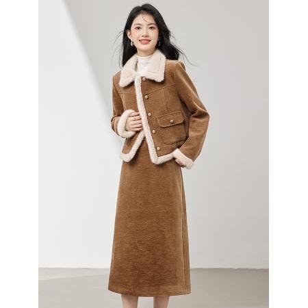FA51475# 两件套灯芯绒加绒加厚毛领棉服时尚女秋冬新款外套半裙套装 服裝批發女裝批發服飾貨源
