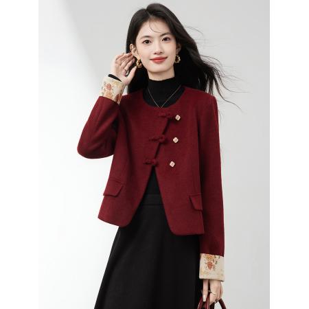 FA51476# 新中式红色短呢子夹棉外套女秋冬新款小香风通勤气质优雅上衣 服裝批發女裝批發服飾貨源