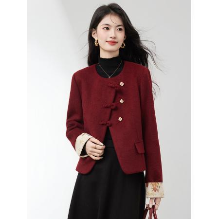 FA51476# 新中式红色短呢子夹棉外套女秋冬新款小香风通勤气质优雅上衣 服裝批發女裝批發服飾貨源