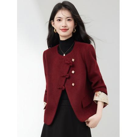 FA51476# 新中式红色短呢子夹棉外套女秋冬新款小香风通勤气质优雅上衣 服裝批發女裝批發服飾貨源