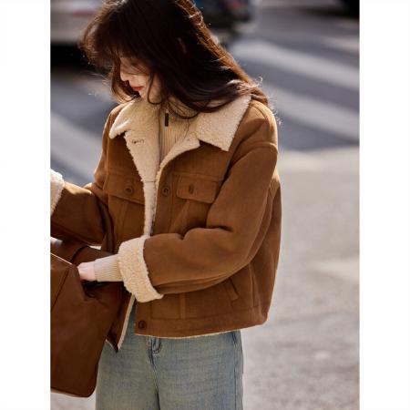 FA51477# 冬季新品法式仿羊羔毛翻领加绒加厚夹克宽松外套新款 服裝批發女裝批發服飾貨源