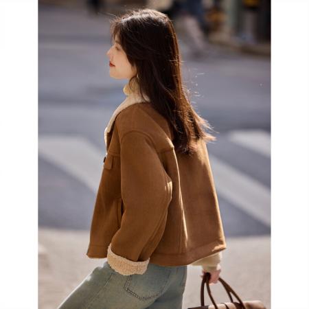 FA51477# 冬季新品法式仿羊羔毛翻领加绒加厚夹克宽松外套新款 服裝批發女裝批發服飾貨源