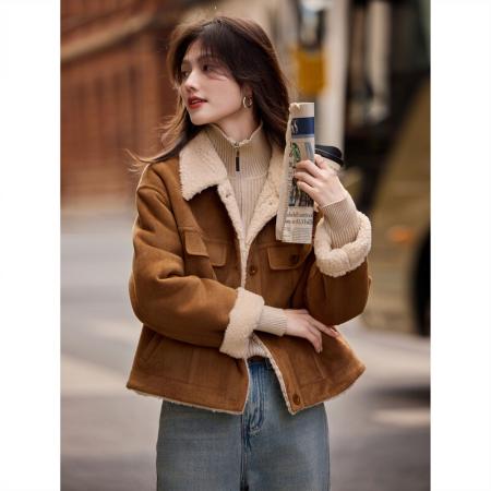 FA51477# 冬季新品法式仿羊羔毛翻领加绒加厚夹克宽松外套新款 服裝批發女裝批發服飾貨源