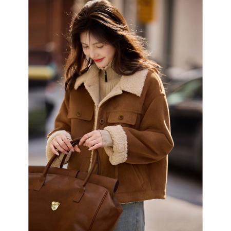 FA51477# 冬季新品法式仿羊羔毛翻领加绒加厚夹克宽松外套新款 服裝批發女裝批發服飾貨源