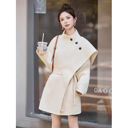 FA51478# 品质双面呢披肩双面呢大衣女秋冬新款系带收腰中长款毛呢大衣 服裝批發女裝批發服飾貨源