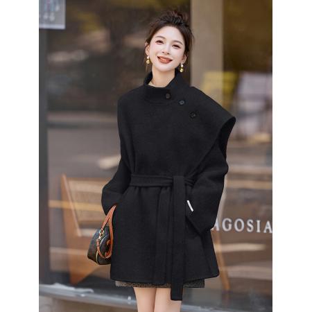 FA51478# 品质双面呢披肩双面呢大衣女秋冬新款系带收腰中长款毛呢大衣 服裝批發女裝批發服飾貨源